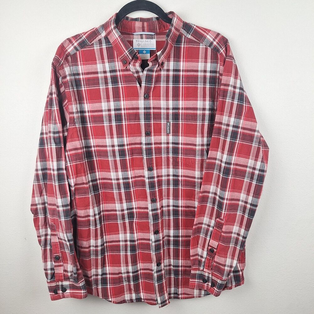 Columbia Mens Long Sleeve Button Up Red Plaid Shirt Size Large